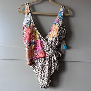 Johnny Was BLUE Leopard Wrap One Piece Swimsuit Large Floral $198 NEW Beach
